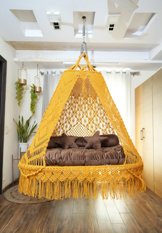 Yellow Beautiful Handmade Macrame Swing Cahir, Hanging Hammock Chair