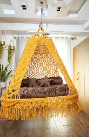 Yellow Beautiful Handmade Macrame Swing Cahir, Hanging Hammock Chair