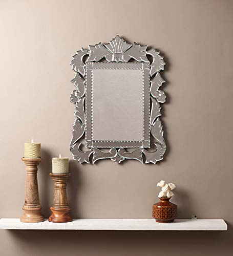 Venetian Design Engineered Wood Rectangular Wall Mirror Ornate Etched Glass Decorative Mirror, Royal Antique Style Wall Hanging for Living Room, Bedroom & Entryway