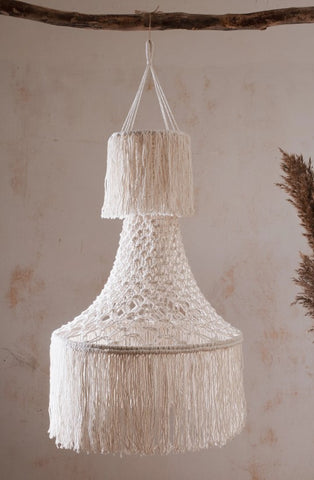 Hanging macrame lampshade with fringes boho chandelier handmade cotton rope pendant light