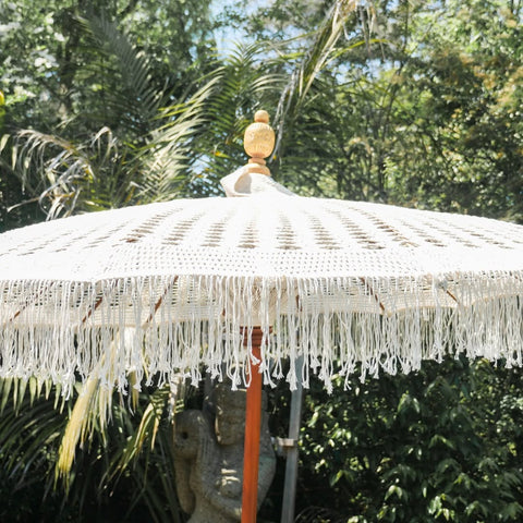 Boho Garden & Beach Umbrella | Crochet Canopy with Macrame Fringe