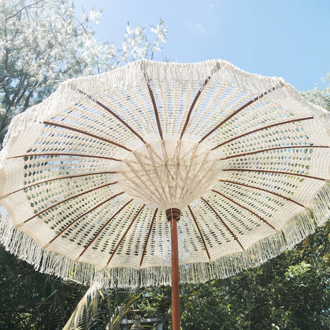 Boho Garden & Beach Umbrella | Crochet Canopy with Macrame Fringe