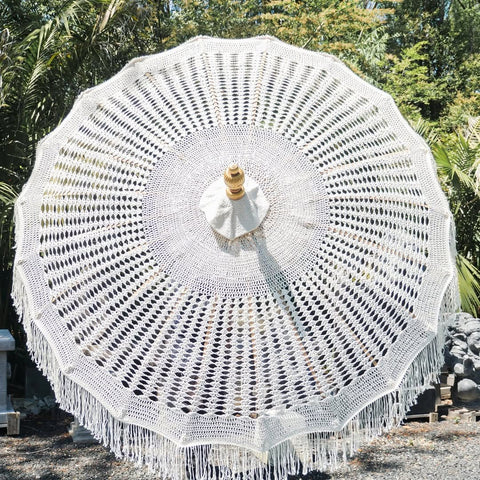 Boho Garden & Beach Umbrella | Crochet Canopy with Macrame Fringe