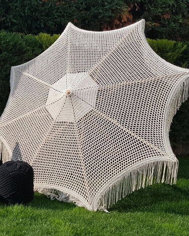 Boho Chic Beach Umbrella | Crochet Parasol with Macrame Edging Crochet & Macrame Canopy | Outdoor Sun Shade