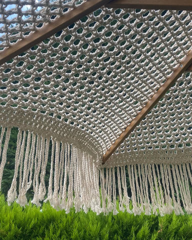 Boho Chic Beach Umbrella | Crochet Parasol with Macrame Edging Crochet & Macrame Canopy | Outdoor Sun Shade