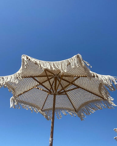 Boho Garden & Beach Umbrella | Crochet Canopy with Macrame Fringe