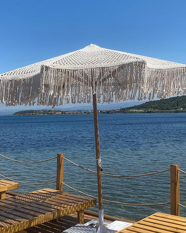 Boho Garden & Beach Umbrella | Crochet Canopy with Macrame Fringe