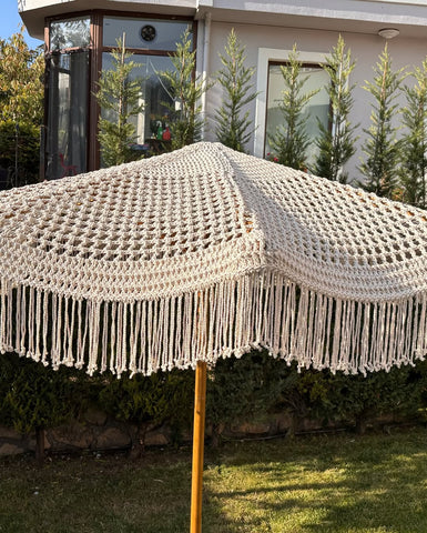 Handmade Bohemian Crochet Umbrella | Macrame Fringe Patio & Beach Decor