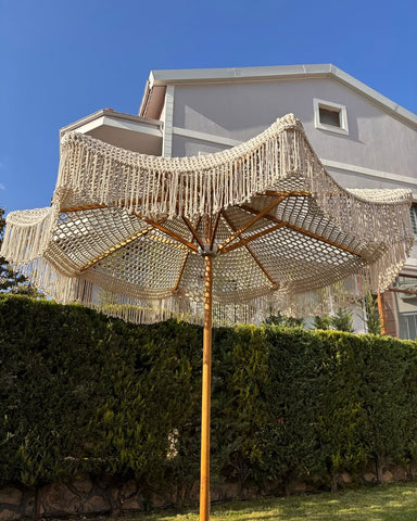 Handmade Bohemian Crochet Umbrella | Macrame Fringe Patio & Beach Decor