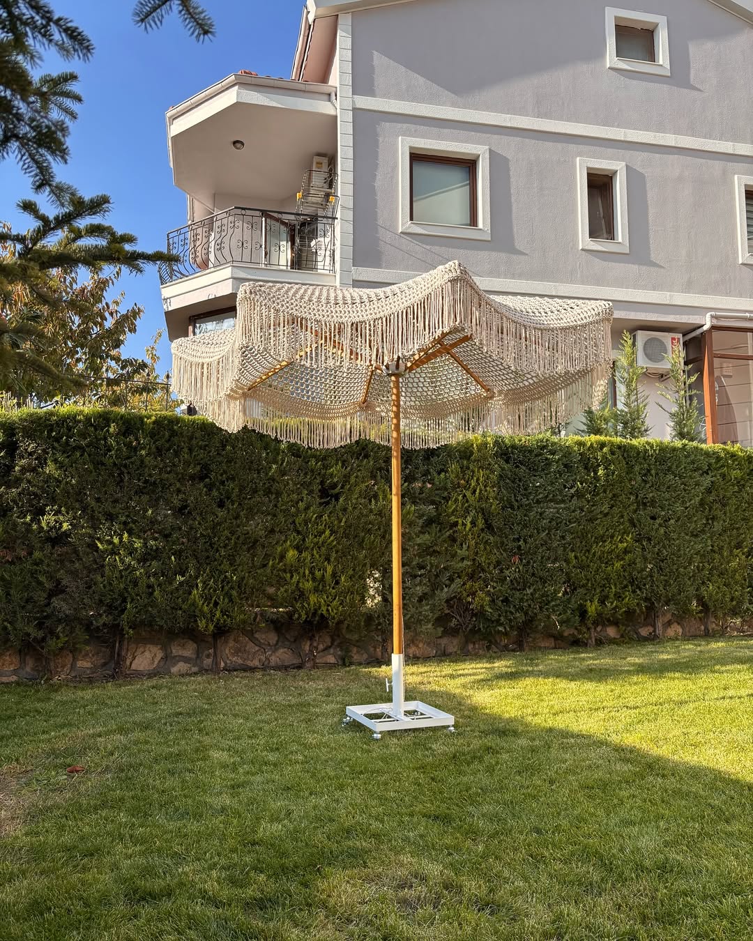 Handmade Bohemian Crochet Umbrella | Macrame Fringe Patio & Beach Decor