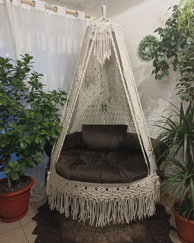 Indoor and Outdoor Bohemian Macrame Hanging Hammock Swing Chair - Handmade Relaxation Swing for Home, Garden, or Patio Decor