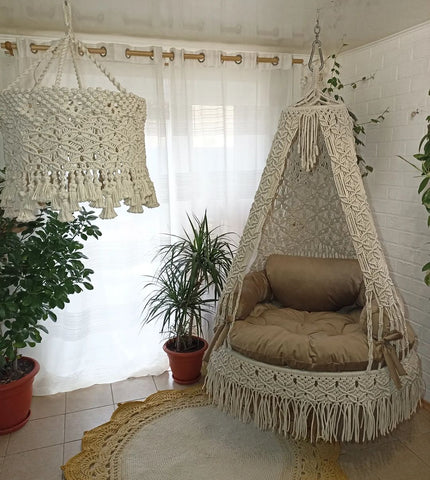 Natural Indoor and Outdoor Bohemian Macrame Swing Chair, Hanging Hammock Swing Chair