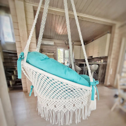 Columpio Brisa Marina Beautiful Garden Macrame swing, Macrame hammock, Hanging woven swing